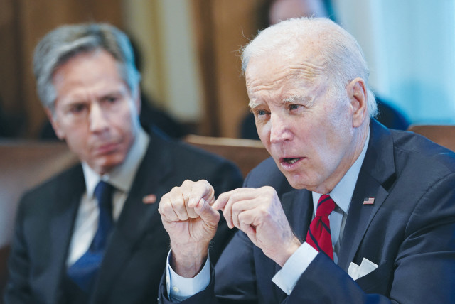  US PRESIDENT Joe Biden speaks during a cabinet meeting at the White House, as Secretary of State Antony Blinken looks on, earlier this month. (credit: KEVIN LAMARQUE/REUTERS)