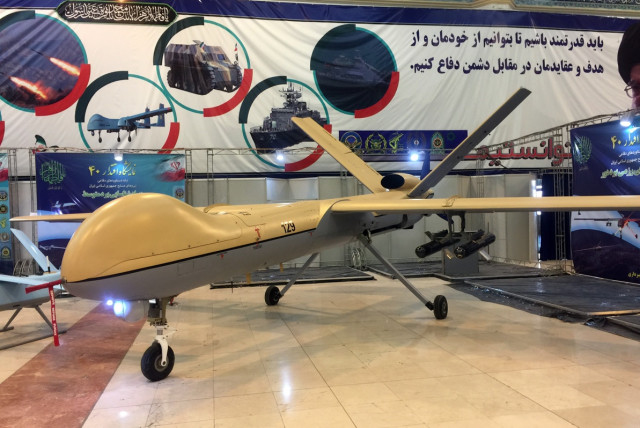 Shahed 129 UAV at the Eqtedar 40 defense exhibition in Tehran (credit: FARS MEDIA CORPORATION/CC BY 4.0 (https://creativecommons.org/licenses/by/4.0)/VIA WIKIMEDIA COMMONS)
