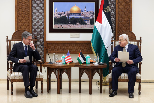 US Secretary of State Antony Blinken meets with Palestinian leader Mahmoud Abbas in Ramallah in the West Bank, January 31, 2023. (credit: RONALDO SCHEMIDT/POOL VIA REUTERS)