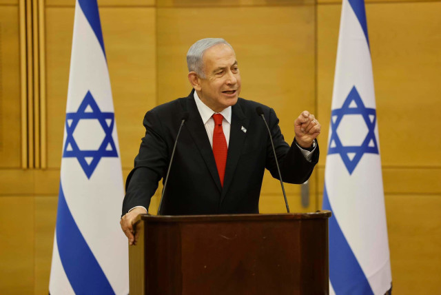  Israeli Prime Minister Benjamin Netanyahu is seen gesturing at a Likud faction meeting in the Knesset, in Jerusalem, on February 20, 2023. (credit: MARC ISRAEL SELLEM/THE JERUSALEM POST)