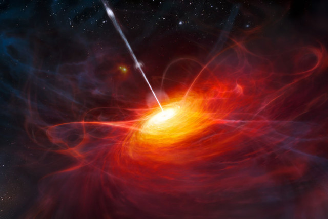  This artist’s impression shows how ULAS J1120+0641, a very distant quasar powered by a black hole with a mass two billion times that of the Sun, may have looked.  (credit: Wikimedia Commons)