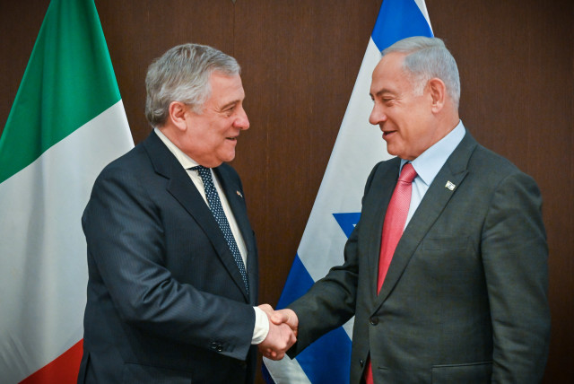  Prime Minister Benjamin Netanyahu is seen with Italian Foreign Minister Antonio Tajani in Jerusalem on March 13, 2023 (credit: KOBI GIDEON/GPO)