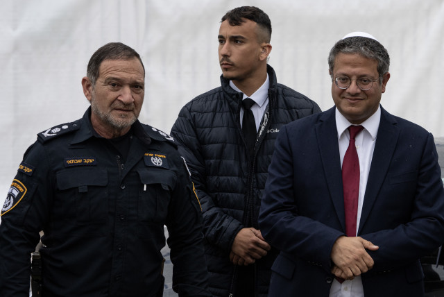 National Security Minister Itamar Ben-Gvir and Israeli Chief of Police Kobi Shabtai at a ceremony for a new police station in Neot Hovav Industrial zone, southern Israel, March 14, 2023. (credit: FLASH90)