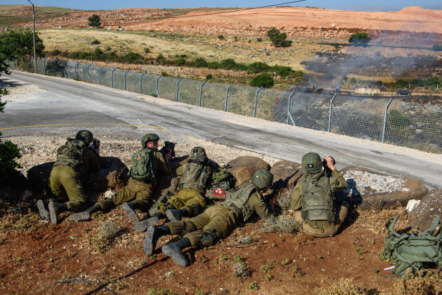  Israeli soldiers guard in Metula, on the border between Israel and Lebanon, northern Israel, on May 14, 2021, after Lebanese protesters crossed the Israeli border fence. (credit: BASEL AWIDAT/FLASH90)