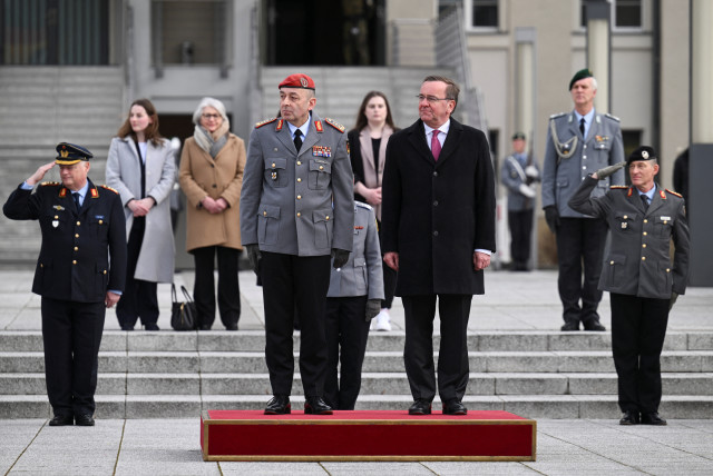  German Defense Minister Boris Pistorius and Carsten Breuer review the troops during the inauguration of Breuer as Inspector General of the Bundeswehr in Berlin, Germany, March 17, 2023. (credit: REUTERS/ANNEGRET HILSE)