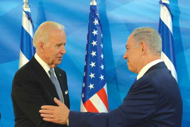  PRIME MINISTER Benjamin Netanyahu meets then-US vice-president Joe Biden at the Prime Minister’s Office in Jerusalem, in 2016. Netanyahu does not care that President Biden is displeased, says the writer.  (credit: AMOS BEN GERSHOM/GPO)