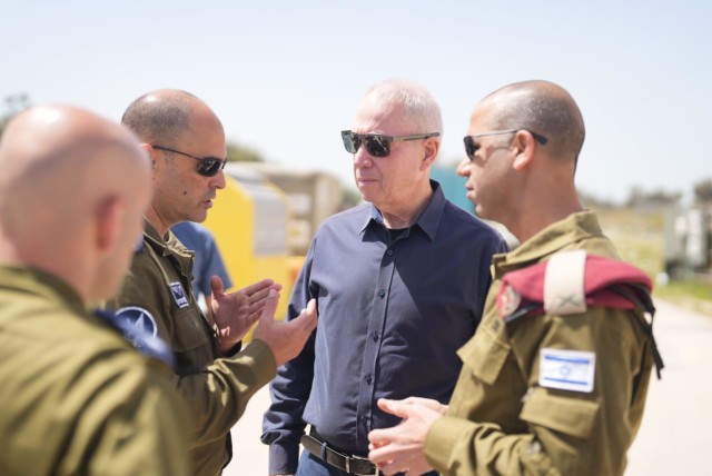  Defense Minister Yoav Gallant seen during a situational assessment at a southern Israel Iron Dome battery on April 5, 2023 (credit: ELAD MALKA/DEFENSE MINISTRY)