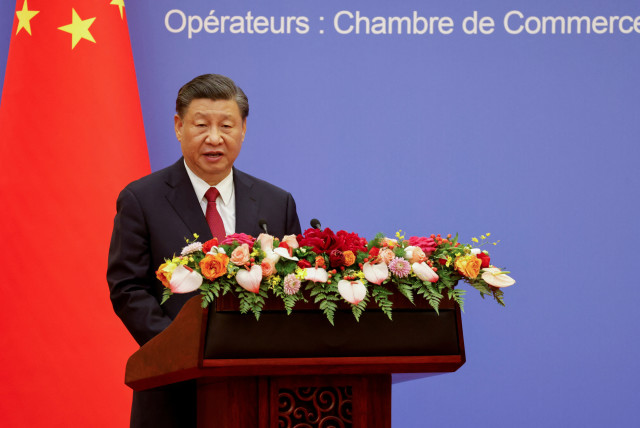  Chinese President Xi Jinping speaks at a Franco-Chinese business council meeting with the French president in Beijing, China April 6, 2023 (credit: LUDOVIC MARIN/POOL VIA REUTERS)