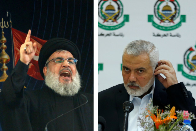  LEFT: Hezbollah leader Sayyed Hassan Nasrallah RIGHT: Hamas Chief Ismail Haniyeh (credit: REUTERS/AZIZ TAHER, REUTERS/MOHAMMED SALEM)