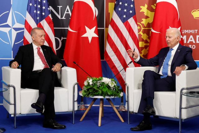 US President Joe Biden meets with Turkish President Recep Tayyip Erdogan during the NATO summit in Madrid, Spain June 29, 2022 (credit: JONATHAN ERNST/REUTERS)