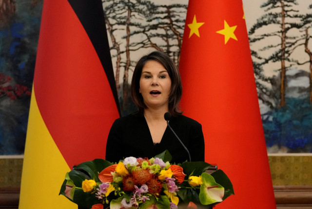  German Foreign Minister Annalena Baerbock speaks during a joint press conference with Chinese Foreign Minister Qin Gang (not pictured) at the Diaoyutai State Guesthouse in Beijing, China, April 14, 2023 (credit: SUO TAKEKUMA/POOL VIA REUTERS)