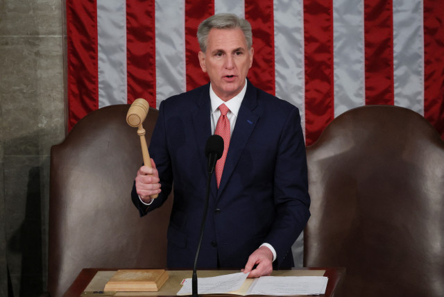 Speaker of the House Kevin McCarthy (R-CA) wields the speaker's gavel as members of Congress gather on the House floor to attend U.S. President Joe Biden's State of the Union address before a joint session of Congress in the House Chamber at the U.S. Capitol in Washington, US, February 7, 2023. (photo credit: REUTERS/LEAH MILLIS)