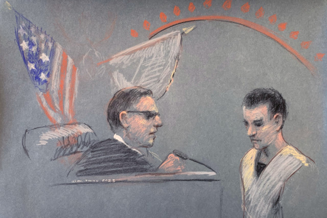  Jack Douglas Teixeira, a U.S. Air Force National Guard airman accused of leaking highly classified military intelligence records online, makes his initial appearance before a federal judge in Boston, Massachusetts, U.S. April 14, 2023 in a courtroom sketch. (photo credit: REUTERS/Margaret Small)