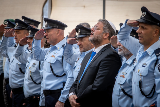  Chief of police Kobi Shabtai and Minister of National Security Itamar Ben Gvir at the Israel Police Independence Day ceremony at the National Headquarters of the Israel Police in Jerusalem April 20, 2023. (credit: OREN BEN HAKOON/FLASH90)
