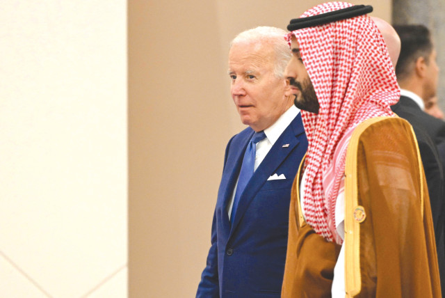  US PRESIDENT Joe Biden and Saudi Crown Prince Mohammed bin Salman in Jeddah, last July: Saudi Arabia is not able to give up the American defensive shield, and believes Israel has a role in securing this. (credit: MANDEL NGAN/REUTERS)