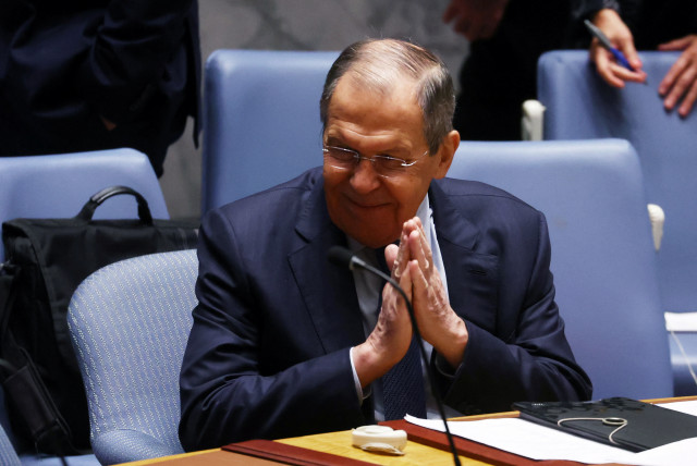 Russian Foreign Minister Sergei Lavrov chairs a meeting of the United Nations Security Council on ''The Middle East, including the Palestinian question'' at UN headquarters in New York City, US April 25, 2023 (credit: Mike Segar/Reuters)