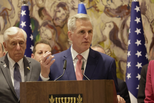  US House of Representatives Speaker Kevin McCarthy addresses the Knesset, May 1, 2023. (credit: MARC ISRAEL SELLEM/THE JERUSALEM POST)