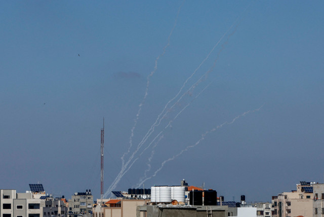 Rockets are fired from Gaza into Israel, in Gaza May 2, 2023. (credit: MOHAMMED SALEM/REUTERS)