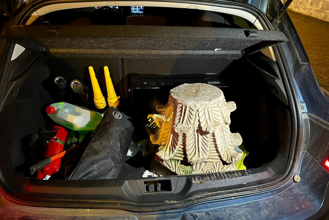 A view of a stolen artefact that was recovered during a crackdown on international art trafficking, in the trunk of a vehicle at an unknown location, in Spain, in this undated handout picture obtained by Reuters on May 4, 2023. (credit: Courtesy of Europol/Handout via REUTERS )