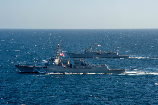  A US Navy guided-missile destroyer USS Jason Dunham (DDG 109) and Egyptian Navy frigate ENS Alexandria (F911) conduct manoeuvring-operation exercises during a 60 nations International Maritime Exercise/Cutlass Express 2022 (IMX/CE-2022), in Red Sea, in this photo taken on February 7, 2022 (credit: US NAVAL FORCES CENTRAL COMMAND/US NAVY THEOPLIS STEWART LL/HANDOUT VIA REUTERS)
