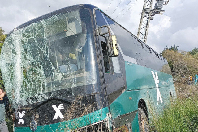  A PASSENGER’S photo of the bus in which he was traveling; the bus swerved off the road, possibly trying to avoid a car, at Nachshon junction near Latrun, injuring some 20 passengers, in March.  (credit: David Picard)