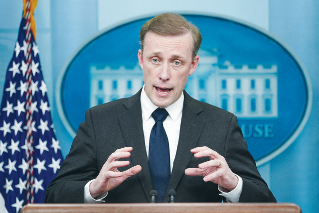  WHITE HOUSE National Security Advisor Jake Sullivan briefs the media in Washington. The US believes that creating a bridge between Saudi Arabia and Israel is important for American national security.  (photo credit: KEVIN LAMARQUE/REUTERS)