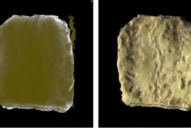 (L-R) XCT reconstruction of the tablet. Optical reconstruction by digital photogrammetry.  (credit: DANIEL VAVRIK, JAROSLAV VALACH)
