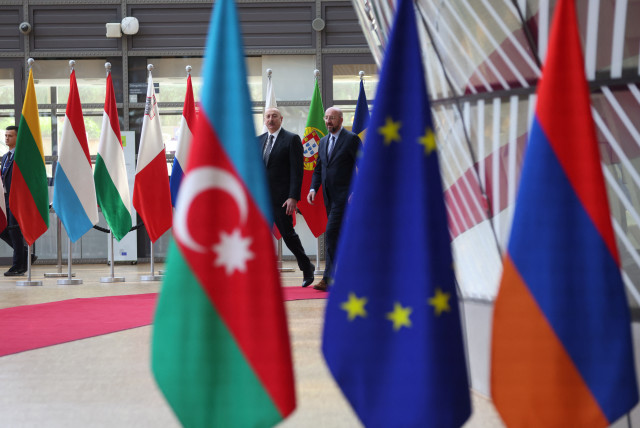  Azerbaijan's President Ilham Aliyev is welcomed by European Council President Charles Michel in Brussels, Belgium May 14, 2023. (credit:  REUTERS/JOHANNA GERON)