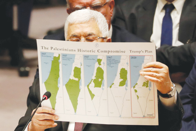  PALESTINIAN AUTHORITY President Mahmoud Abbas holds up maps of the Palestinian compromise, addressing the UN Security Council, in 2020. But after the 1947 Partition Plan, local Arab leaders encouraged Palestinian Arabs to flee, says the writer.  (credit: SHANNON STAPLETON/ REUTERS)