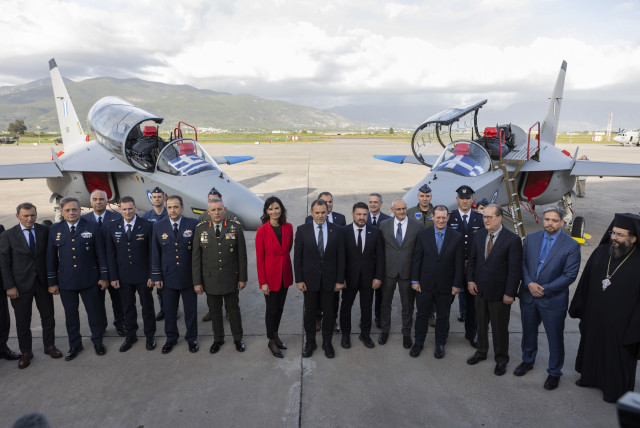  Top Greek and Israeli defense establishment officials at ceremony on Wednesday for delivery of two new training aircraft. (credit: ELBIT SYSTEMS)