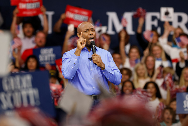  US Senator Tim Scott (R-SC), the only Black Republican senator, announces his candidacy for the 2024 Republican presidential race in North Charleston, South Carolina, US May 22, 2023. (photo credit: REUTERS)