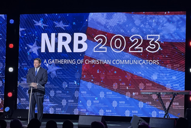  Florida Governor Ron DeSantis is seen speaking at the National Religious Broadcasting conference in Orlando, on May 22, 2023. (photo credit: MAAYAN JAFFE-HOFFMAN)