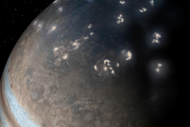  This artist's concept of lightning distribution in Jupiter's northern hemisphere incorporates a JunoCam image from the NASA spacecraft Juno with artistic embellishments. Data from NASA's Juno mission indicates that most of the lightning activity on Jupiter is near its poles. (credit: Courtesy of NASA/JPL-Caltech/SwRI/JunoCam/Handout via REUTERS)