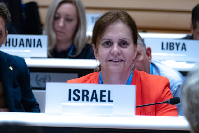 Ambassador Meirav Eilon Shahar, Israel's Permanent Represesentative to the United Nations & International Organizations in Geneva, during a meeting at the 76th World Health Assembly. (photo credit: Permanent Mission of Israel in Geneva/ Nathan Chicheportiche)