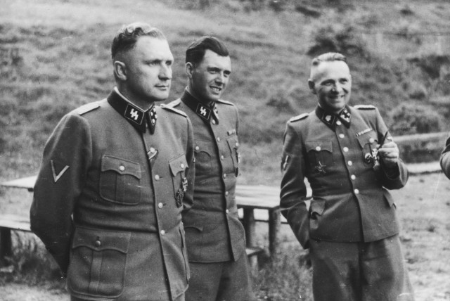  Former Auschwitz commandant Rudolf Höss (right), Dr. Josef Mengele, and Auschwitz Commandant Richard Baer in 1944. (photo credit: UNITED STATES HOLOCAUST MEMORIAL MUSEUM)