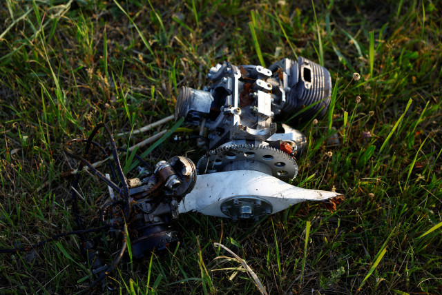 Parts of a Russian suicide drone are seen at a compound of a tobacco factory damaged during a strike, amid Russia's attack on Ukraine, in Kyiv, Ukraine May 28, 2023. (credit: VALENTYN OGIRENKO/REUTERS)