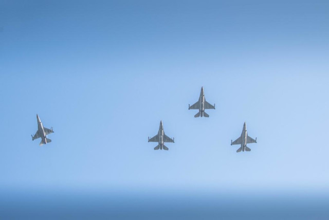  IAF fighter jets are seen at a ceremony commemorating 75 years since Israel's first-ever airstrike. One plane flies off to the side, in memory of the late Eddie Cohen, who died in the battle, at Ad Halom near Ashdod, on May 29, 2023. (credit: IDF SPOKESPERSON'S UNIT)