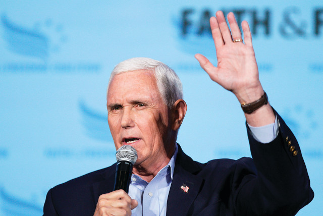  FORMER US vice president Mike Pence speaks at the Iowa Faith & Freedom Coalition Spring Kick-off,  in West Des Moines, in April. (photo credit: Eduardo Munoz/Reuters)