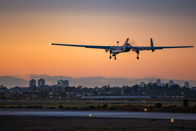  FUTURE FRAMED by drones: A large Israel Air Force drone touches down.  (photo credit: IDF SPOKESPERSON'S OFFICE)