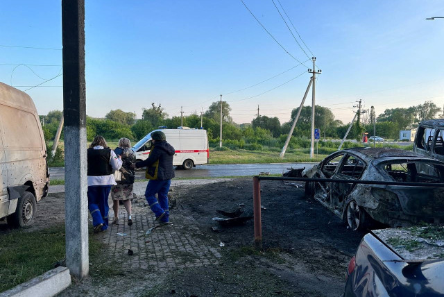  A view shows destroyed vehicles following what was said to be Ukrainian forces' shelling in the course of Russia-Ukraine conflict in the town of Shebekino in the Belgorod region, Russia, in this handout image released May 31, 2023. (credit: Governor of Russia's Belgorod Region Vyacheslav Gladkov via Telegram/Handout via REUTERS)
