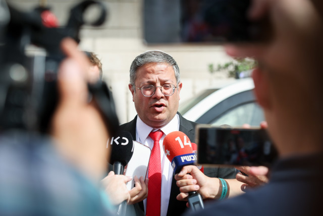  National Security Minister Itamar Ben-Gvir speaks to the press outside the police headquarters during the annual Jerusalem pride march on June 1, 2023 (credit: YONATAN SINDEL/FLASH90)