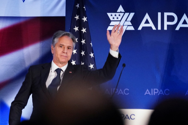 US Secretary of State Antony Blinken waves after delivering remarks at the American Israel Public Affairs Committee (AIPAC) policy Summit in Washington, US, June 5, 2023. (credit: REUTERS/KEVIN LAMARQUE)
