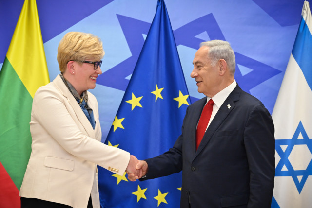 Prime Minister Benjamin Netanyahu meets with Lithunianian counterpart Ingrida Šimonytė on June 12, 2023 (credit: KOBI GIDEON/GPO)