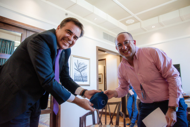  European Union (EU) Vice President Margaritis Schinas with Jerusalem Post reporter Zvika Klein. (credit: I. H. Mintz)