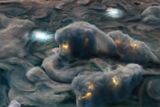 Illustration using data obtained by NASA's Juno mission to depict high-altitude electrical storms on Jupiter. (credit: NASA/JPL-Caltech/SwRI/MSSS/Gerald Eichstädt/Heidi N. Becker/Koji Kuramura)