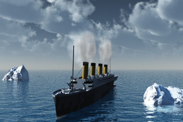  Digital art of the RMS Titanic sailing through icebergs. (credit: Wikimedia Commons)