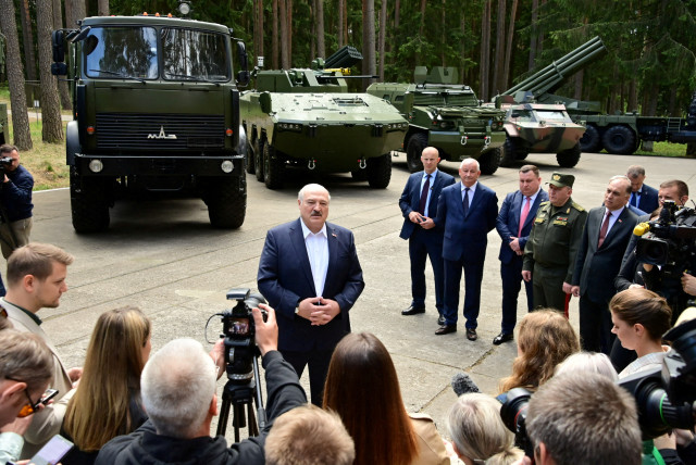  Belarusian President Alexander Lukashenko speaks to journalists during his visit to a military-industrial complex facility in the Minsk Region, Belarus June 13, 2023. (credit: Press Service of the President of the Republic of Belarus/Handout via REUTERS)