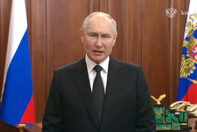  Russian President Vladimir Putin gives an emergency televised address in Moscow, Russia, June 24, 2023, in this still image taken from a video. (credit: KREMLIN.RU/HANDOUT VIA REUTERS)