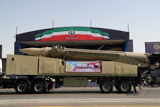  Upgraded Qiam missile on launcher at Iran's 2019 Sacred Defense Parade, held at the mausoleum of Imam Khomeini south of Tehran (credit: VIA WIKIMEDIA COMMONS)