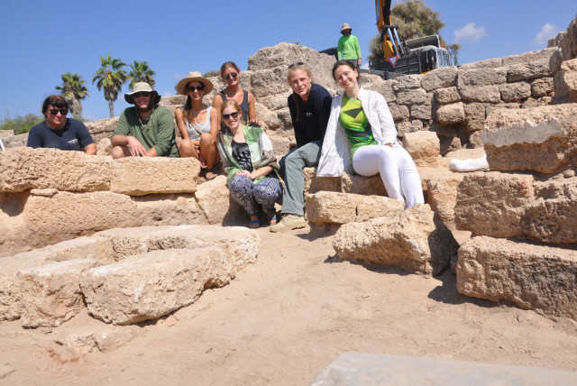 Beverly Goodman Tchernov (second from right) and her team of researchers pose at a site along the Caesarea Maritima coastline where they believe housed evidence of a tsunami deposit. (credit: UNIVERSITY OF HAIFA)